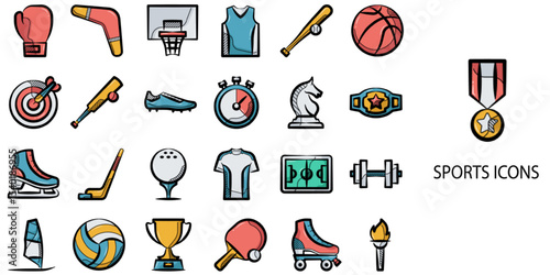 Sports simple concept 24 hand drawn color icons set .Vector illustration.	