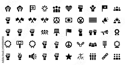 Protest and Activism Line Icon Set – Thin Linear Vector Symbols of Clenched Fists, Placards, Crowds, Marches, Megaphones, Broken Chains, and Peaceful Demonstration Elements