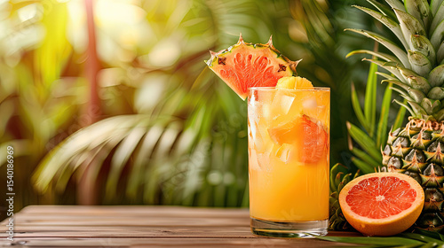 tropical cocktail with pineapple in the background of natural plantation in spring. cocktail party