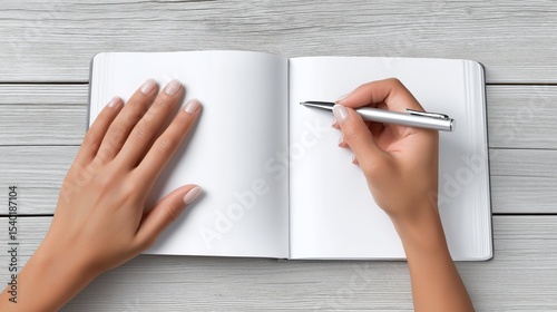 Hand Reaching for Centered Pen on Empty Notebook, Intentional Planning Concept