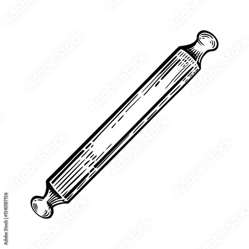 Hand-drawn wooden rolling pin for dough rolling and cooking, hand-drawn with ink. Vector illustration. Suitable for printing on paper, fabric, for the design of shops and bakeries.