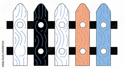Colorful wooden fence with unique patterns and circular cutouts, adding charm to any space