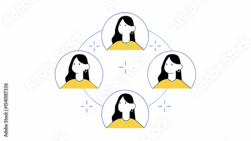 Interconnected women with long hair, wearing yellow tops, representing