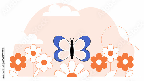Colorful butterfly surrounded by flowers in bright, cheerful landscape