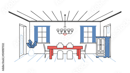 modern dining room featuring red table, white chairs, and blue accents, creating vibrant