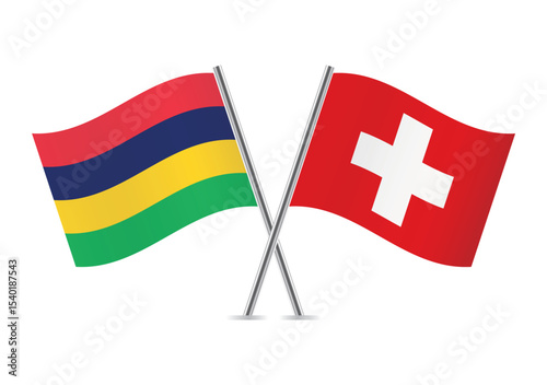 Mauritius and Switzerland crossed flags. Mauritian and Swiss flags on a white background. Vector icon set. Vector illustration.