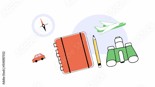 Travel essentials include notebook, pen, binoculars, and compass for adventure