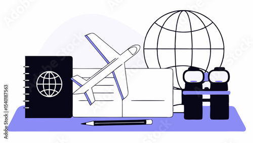 Travel essentials including globe, airplane, notebook, and binoculars for adventure seekers