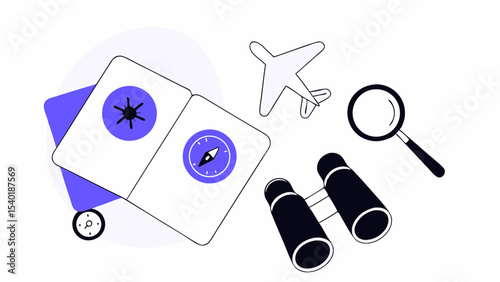 Travel essentials include passport, compass, airplane, binoculars, and magnifying glass