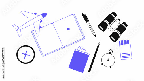 Travel essentials include plane, notebook, compass, and binoculars for adventure