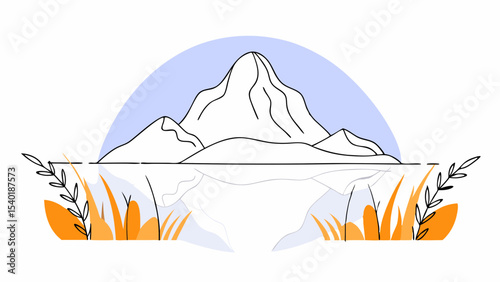 minimalist illustration of mountain landscape with lake and foliage, evoking tranquility