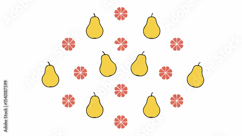 Bright yellow pears and pink flowers create cheerful pattern, perfect for fresh design