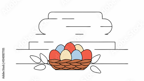 Colorful nest filled with decorative eggs symbolizes spring and renewal