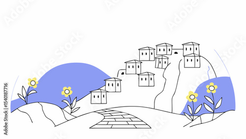 Serene landscape featuring stylized houses on hill, surrounded by flowers and abstract shapes