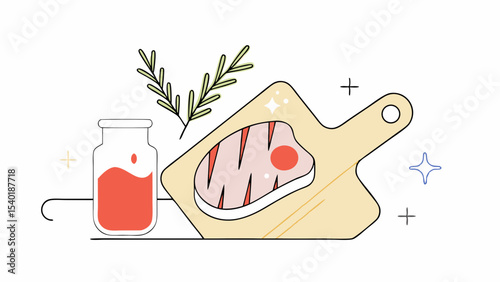 Fresh meat on cutting board with jar of sauce and herbs, perfect for cooking