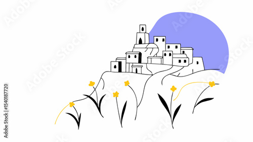 Serene landscape featuring quaint village on hill, surrounded by blooming flowers