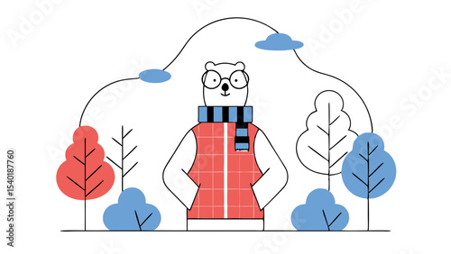 Cute bear character wearing glasses and scarf stands among colorful trees, evoking cheerful