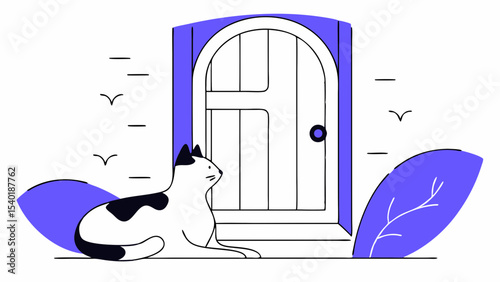 Cat sits peacefully near colorful door, surrounded by stylized plants, creating serene