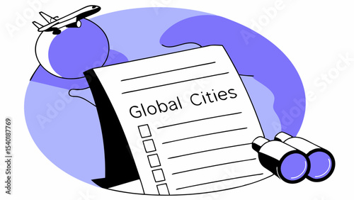 Global cities list with binoculars and airplane, exploring travel opportunities