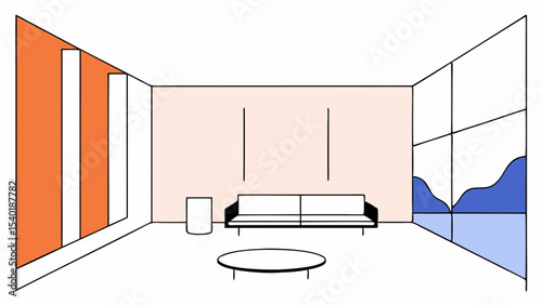 Modern living room with minimalist design, featuring sofa, round table, and colorful walls