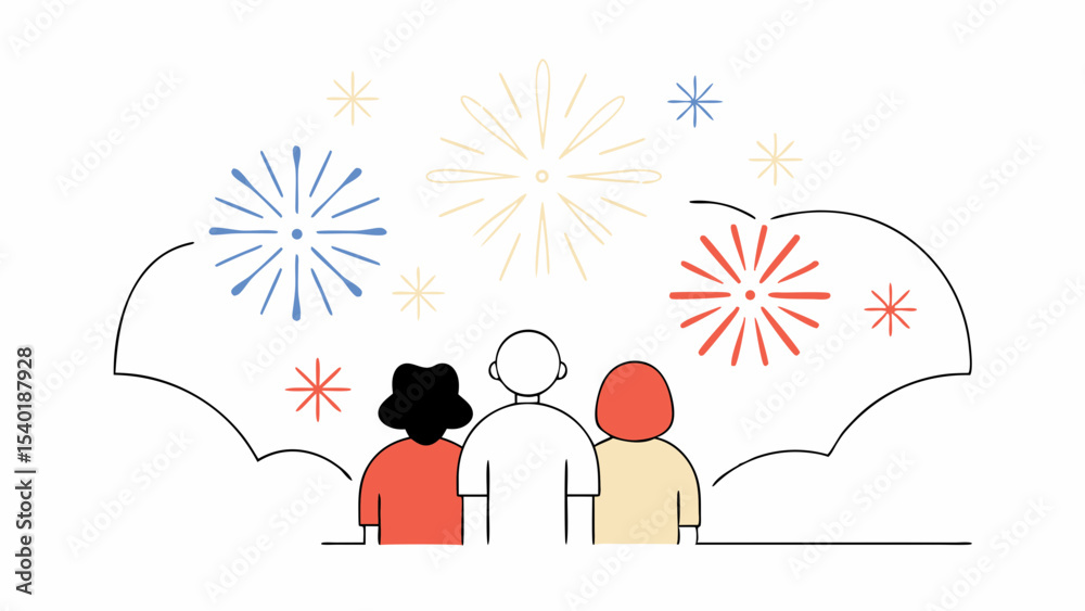Fototapeta premium Three people watching colorful fireworks display in night sky, celebrating together