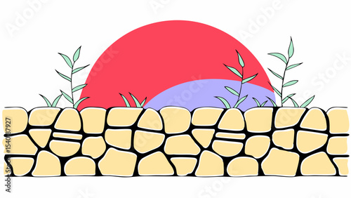 colorful illustration of stone wall with plants and vibrant sunset background evokes serene