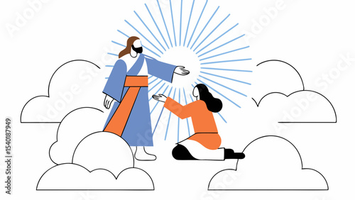 Divine figure reaching out to kneeling person in clouds, symbolizing hope and faith