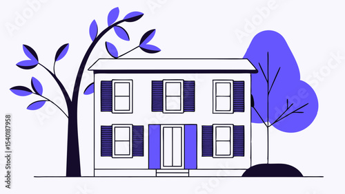 Modern house illustration with vibrant colors and stylized trees, creating cheerful atmosphere
