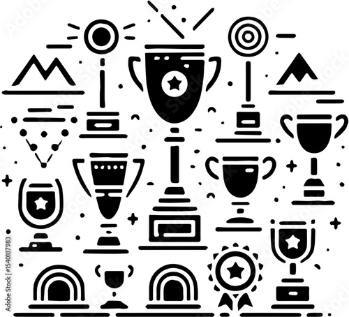 Illustration showing various trophy designs in black and white with celebratory elements like stars, lines, and mountain shapes.