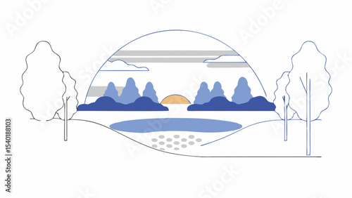 serene landscape illustration featuring trees, lake, and rising sun, evoking tranquility