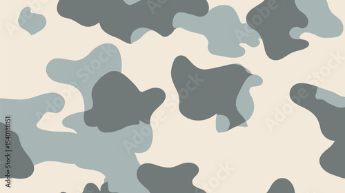 Abstract amorphous shapes layer in muted hues over creamy backdrop creating pattern
