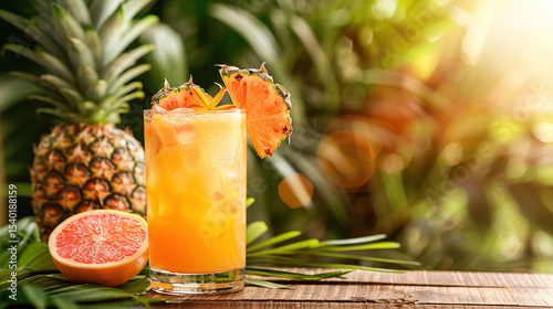 tropical cocktail with pineapple in the background of natural plantation in spring. cocktail party