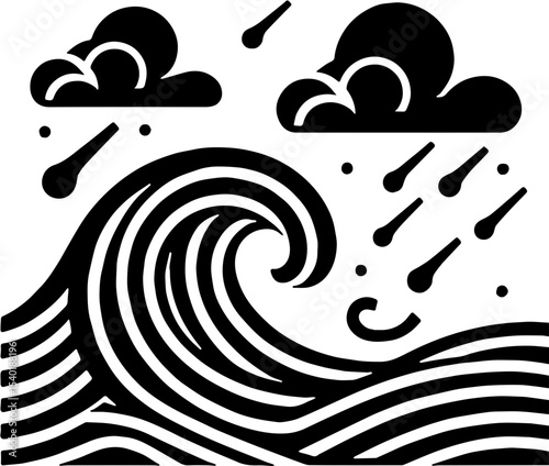Black and white stylized illustration of a wave with clouds and raindrops above, rendered in a clean, abstract graphic style.