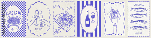 Italian summer vacation doodle illustrations in frames. Vector ink hand drawn Italy wine food elements. Summer weekend print for invitations, cards, poster or placard with pizza, pasta and sardines.