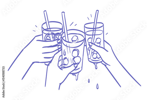 Hands hold glasses with alcoholic or non alcoholic cocktail. Cheers vector illustration for greeting card, postcard, placard, invitation, menu design. Line drawing of people celebrating and drinking.