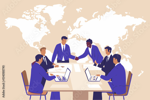 International Business Meeting with Global Map Backdrop Diverse Team Collaboration and Successful Partnership Handshake in a Modern Office Setting