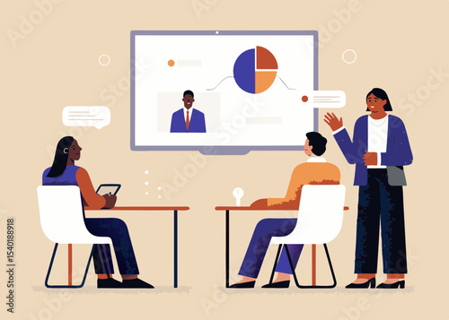 Diverse Team Meeting with Data Presentation and Remote Participant Collaboration and Communication in the Workplace