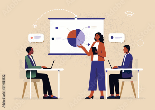 Business Presentation with Diverse Team Analyzing Data and Pie Chart Corporate Meeting and Strategy Discussion with Laptop Computers