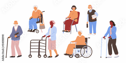 Diverse Group of Senior People with Mobility Aids Isolated on White Background Flat Vector Illustration Aging and Healthcare
