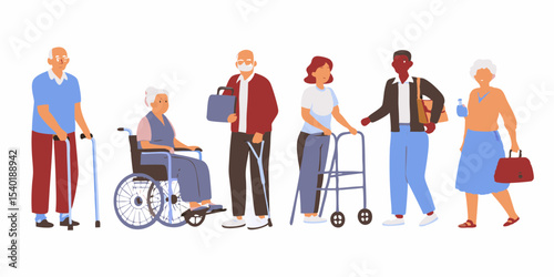 Diverse Group of Senior Citizens with Mobility Aids Representing Aging Healthcare and Community Support in a Flat Vector Style Illustration