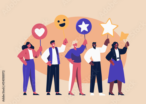 Diverse Group Holding Up Signs of Approval and Positive Feedback Social Media Engagement and Online Ratings Customer Satisfaction