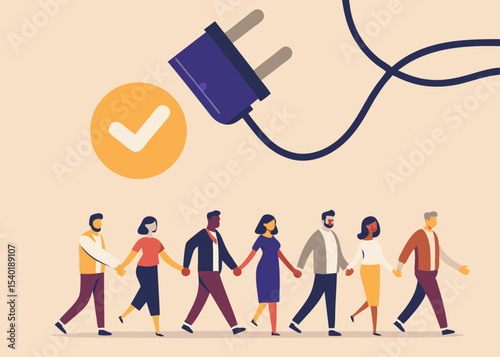 Connected Teamwork Diverse Group Holding Hands Under Power Plug and Checkmark Symbol representing collaboration and energy solutions
