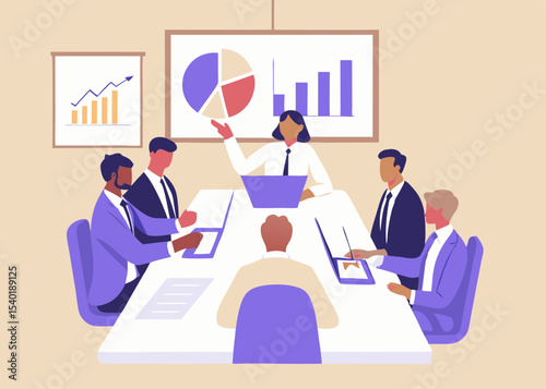 Diverse Business Team Meeting Presentation of Charts and Graphs in Office Setting for Strategy and Planning