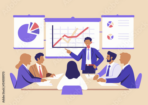 Business Meeting with Presentation of Charts and Graphs Teamwork and Collaboration in Company Flat Vector Illustration