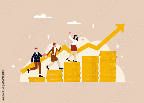 Teamwork and Financial Growth Business People Climbing Coin Stacks with an Upward Arrow Illustrating Success and Investment Returns