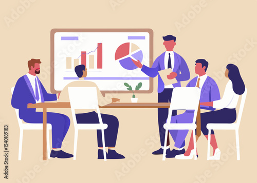 Business Presentation with Charts and Graphs Team Meeting Diverse Group of Professionals Corporate Strategy Data Analysis and Financial Performance Review