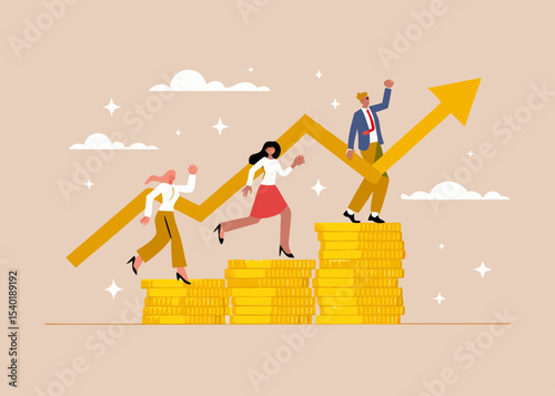 Financial Growth and Success Business Team Climbing Stacked Coins with Arrow Chart Achieving Goals and Reaching the Top Together