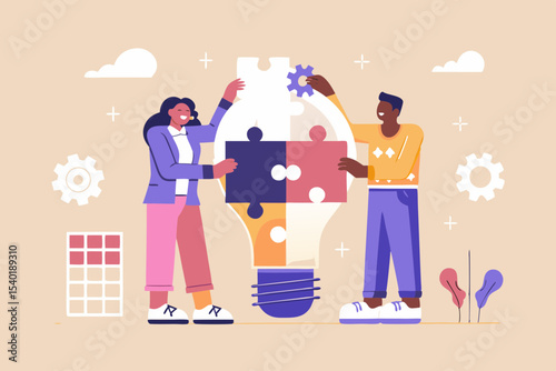 Teamwork and Collaboration Diverse People Building a Lightbulb Puzzle for Innovation and Problem Solving in Business and Creative Solutions