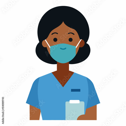 Flat vector illustration of a female nurse with dark skin, wearing scrubs and a mask, holding a clipboard, smiling confidently, flat design, white background