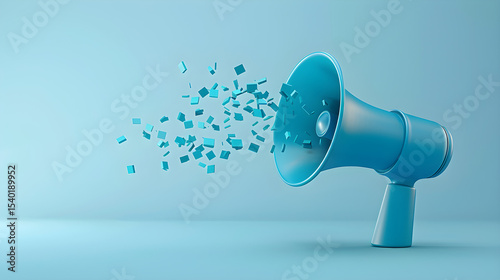 A blue megaphone with small blue squares coming out of it on a blue background in a studio shot